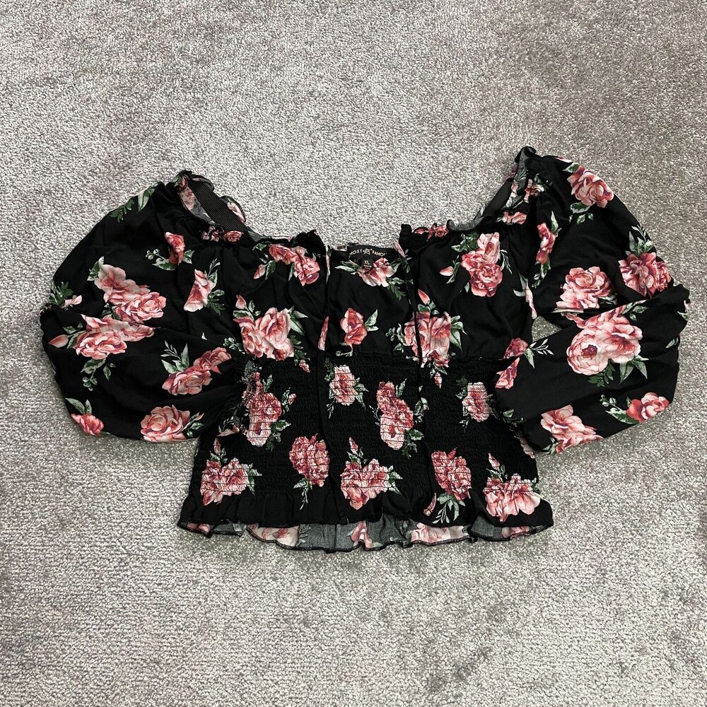 Almost Famous Peasant Top Blouse Girls XL Black Floral Stretch Long Sleeve Crop